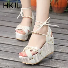 HKJL Fashion Summer leather Gladiator Women Sandals Super High Heel String Bead Shoes Wedges lace-up Black Sweet open-toe A065 HKJL Fashion Summer leather Gladiator Women Sandals Super High Heel String Bead Shoes Wedges lace-up Black Sweet open-toe A065