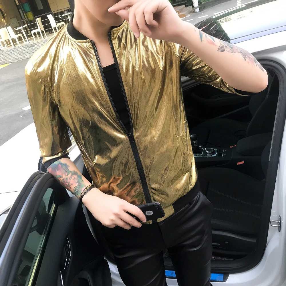 Verano 2019! chaqueta fina de bombardero ajustada Fit Casual brillante Club nocturno traje de escenario chaquetas de media manga hombres ropa solar|Chaquetas| - AliExpress