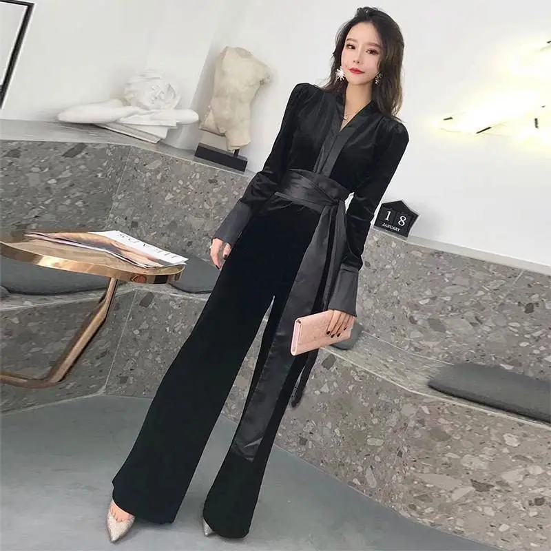 

2019 Spring Autumn Women High Waist Bandage Romper Female Gold Velvet Solid Jumpsuit Ladies Flare Sleeve Wide Leg Overalls Z319