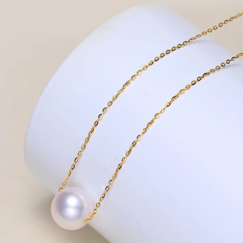 18k AU750 Gold necklace lucky round pearls pendant choker for women girls Mum lover high luster pearls color diameter optional (3)