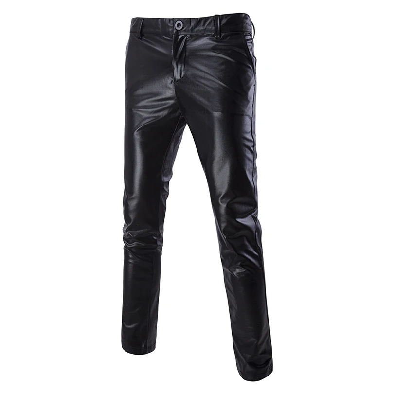 Брюки мужские блестящие Серебристые/черные из ПУ кожи на молнии|silver leather pants|pants