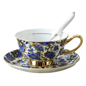 

180ml Superior Luxury Gold Plated Ceramic Bone China Porcelain Cappuccino Coffee Cup Flower Black Tea Cup Mug Saucer with Spoon