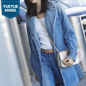 

Vintage Womens Buckle Tassel With Sashes Coats Female Trench Long Sleeve Turn Down Collar Jean Overcoats Fashion New Top Quality