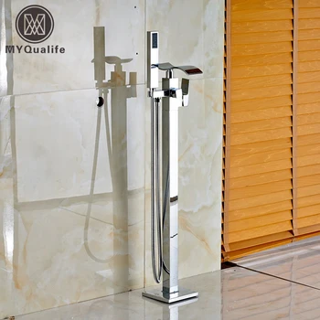 

Luxury Chrome Waterfall Spout Floor Mount Bathtub Mixer Fillers Single Handle with Handshower Freestanding Bath Tub Faucet Set