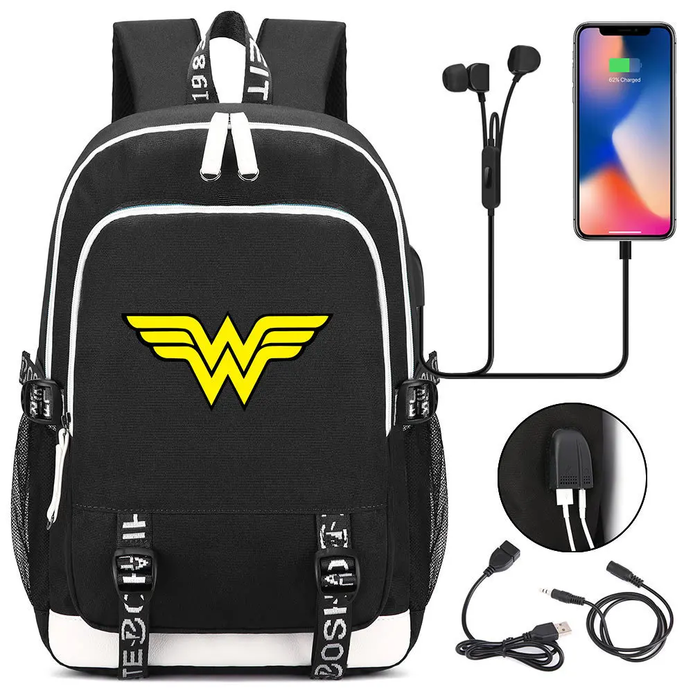  DC Wonder Woman USB Backpack Laptop Bags Cosplay Comics Superhero Kids Teens Shoulder Travel Bags S