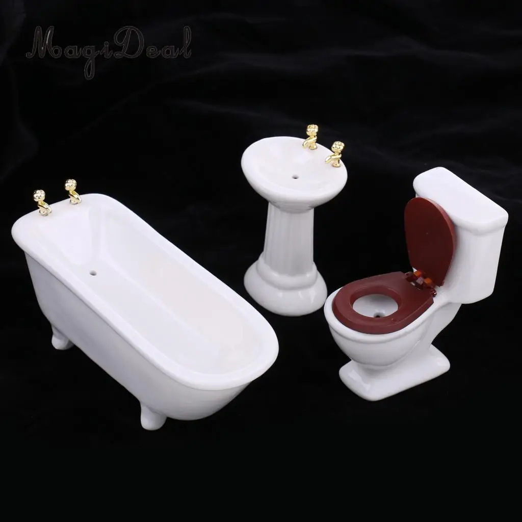 3Pcs/Set White Ceramic Bathroom Bathtub for 1/12 Scale Dollhouse Miniature Furniture Decor Kids Role Play Toys