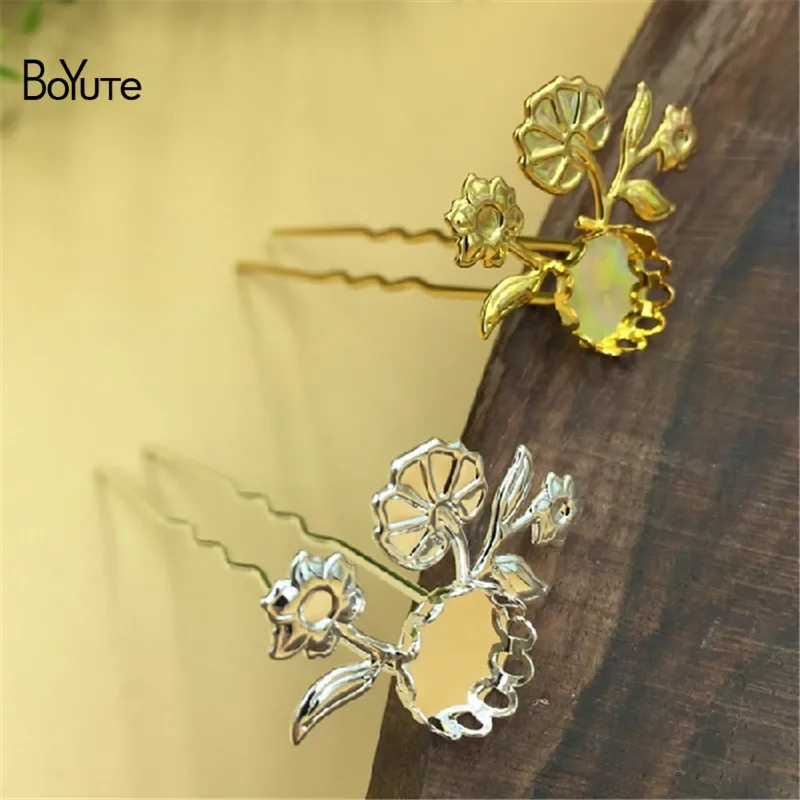 BoYuTe 10Pcs 10MM Cabochon Base Blank Tray Silver Gold 75MM Length U Shaped Hair Stick Kanzashi Hair Jewelry Accessories (7)