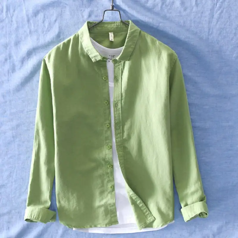 

High quality 2019 New Mens long sleeve linen shirts casual cotton solid color mens lapel shirts fashion mens slim tops M-3XL