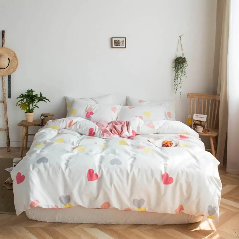 Pink Grey Yellow Hearts Bed Cover Duvet Cover Set Cotton Bedding Set Bedlinens Twin Queen King Flat Sheet Fitted Sheet