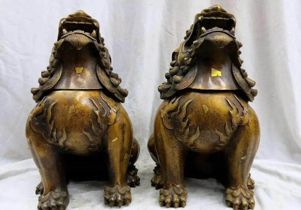 

13" China brass copper carved Foo Dogs Lions Pair censer Incense Burner Statue