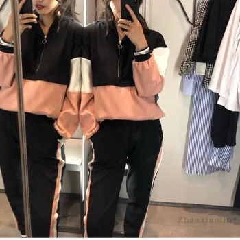 

2019 Direct Selling Special Offer Polyester Full Women's Casual Suit Long-sleeved Jacket + Pants Hit Color Two-piece Women