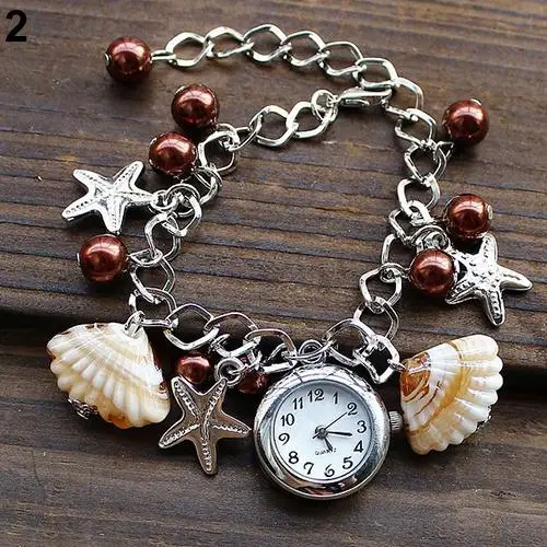 

Women's Girl's Jewelry Beads Shell Chain Bracelet Cuff Quartz Wrist Watch Bracelet
