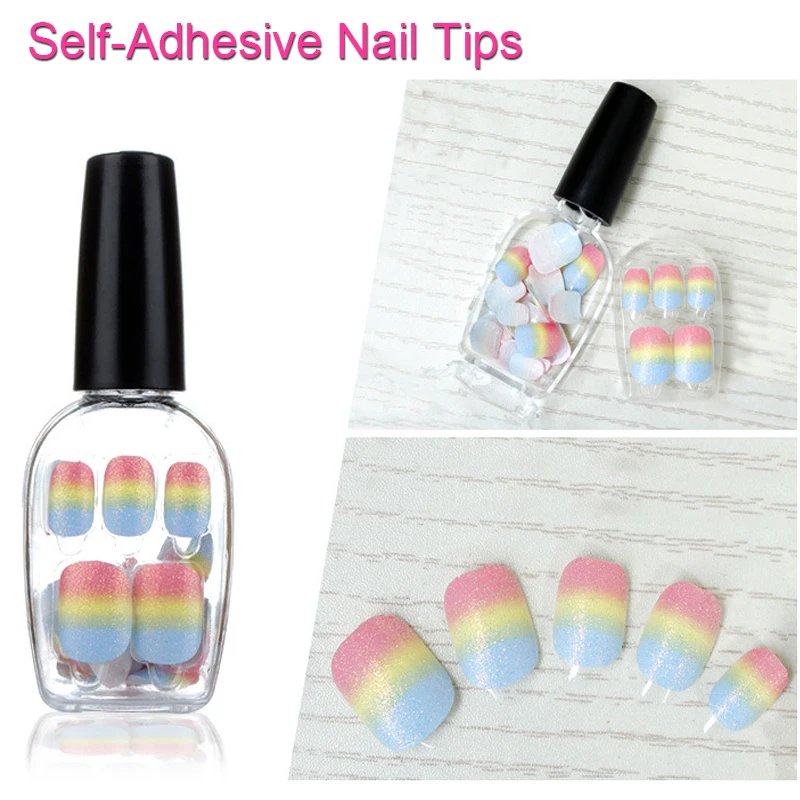 

FOREVERJASMINE Nail Polish Tips Gradual Rainbow Pre-glued Nail Tips Self-Adhesive Finger Nails Glitter Full Cover Artifical Nail
