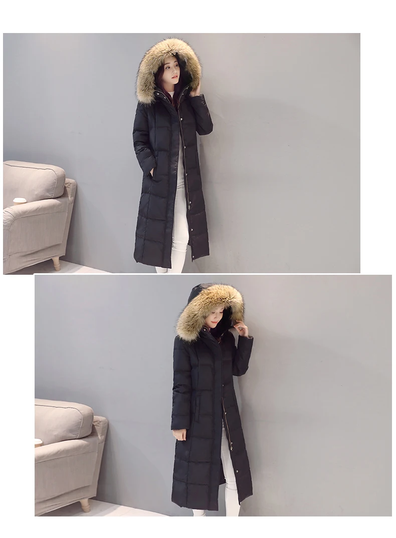 Real Raccoon Fur White Duck Down Coat Winter Jacket Women Long Warm Solid Color Hooded Parka Plus Size Snow Outwear Okb167