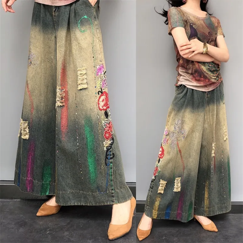 

Free Shipping 2019 Fashion Wide Leg Long Pants For Women Trousers Denim Jeans Elastic Waist Embroidery Casual Pants With Holes