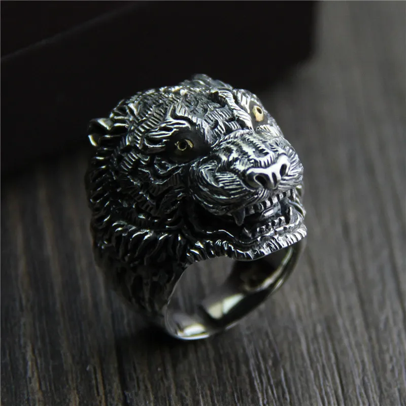 

C&R 925 Sterling Silver Rings Retro personality Carved wolf head ring men Thai Silver Fine Jewelry Size 10-12 Adjustable
