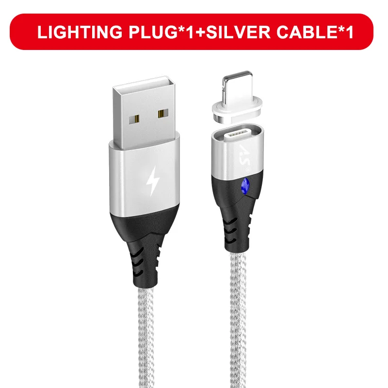 A.S Magnetic USB Cable for iPhone Cable XS Max XR X 8 7 6 Plus 6S 5 iPad Mini Fast Charging Cable Mobile Phone Charger Cord Data - Цвет: Silver for Apple