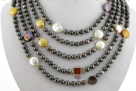 

0001914 Long 100" 14mm black freshwater round coin pearl necklace (A0511)