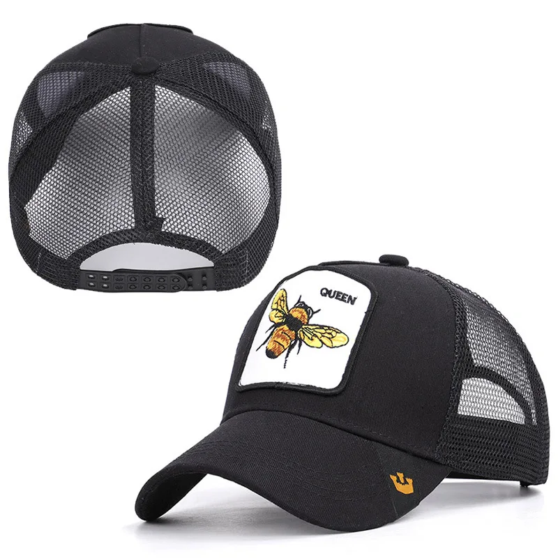 Мужские и женские бейсболки с вышивкой пчелы, сетчатые бейсболки с регулируемым козырьком в стиле хип-хоп, летние кепки для папы, BQM-CZX9 - Цвет: Black