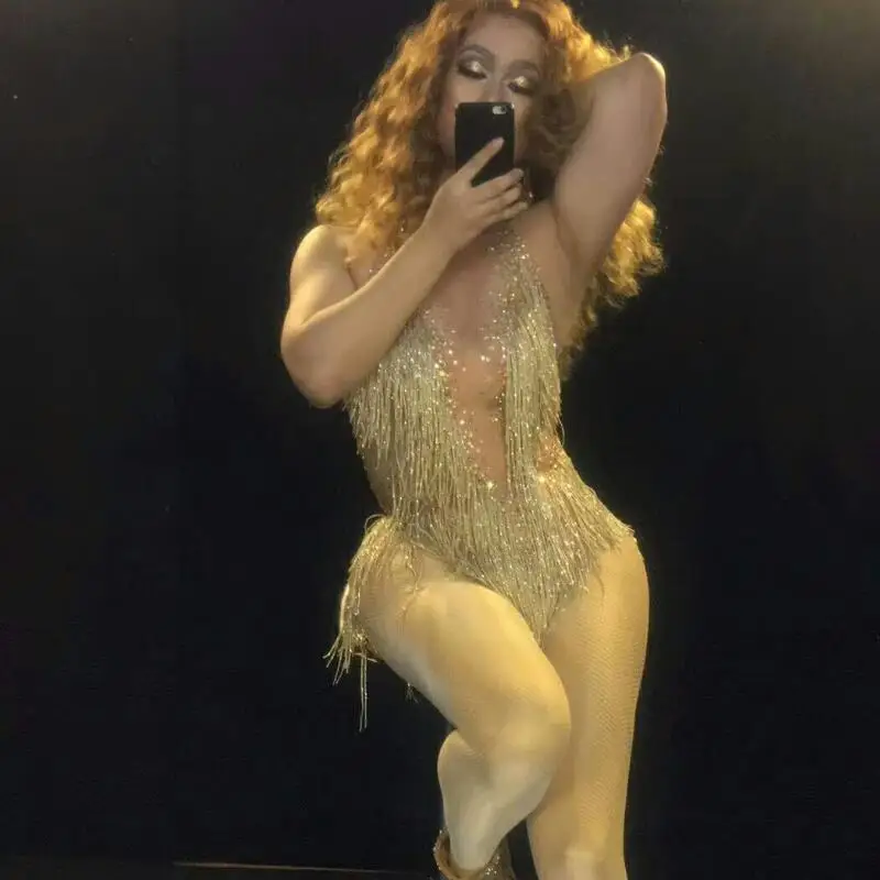 

Sexy Glisten Rhinestone Jumpsuit Women Dance Nude Bodysuit Sparkly Gold Tassel Costume Female Modern Dance Costumes