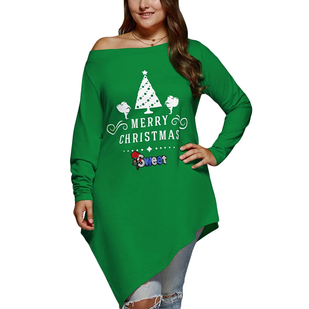 Wipalo Plus Size 5XL Christmas Skew Neck Asymmetrical T Shirt Casual Long Sleeve Cold Shoulder Xmas Tee Women Fall Winter Tops|Футболки| |