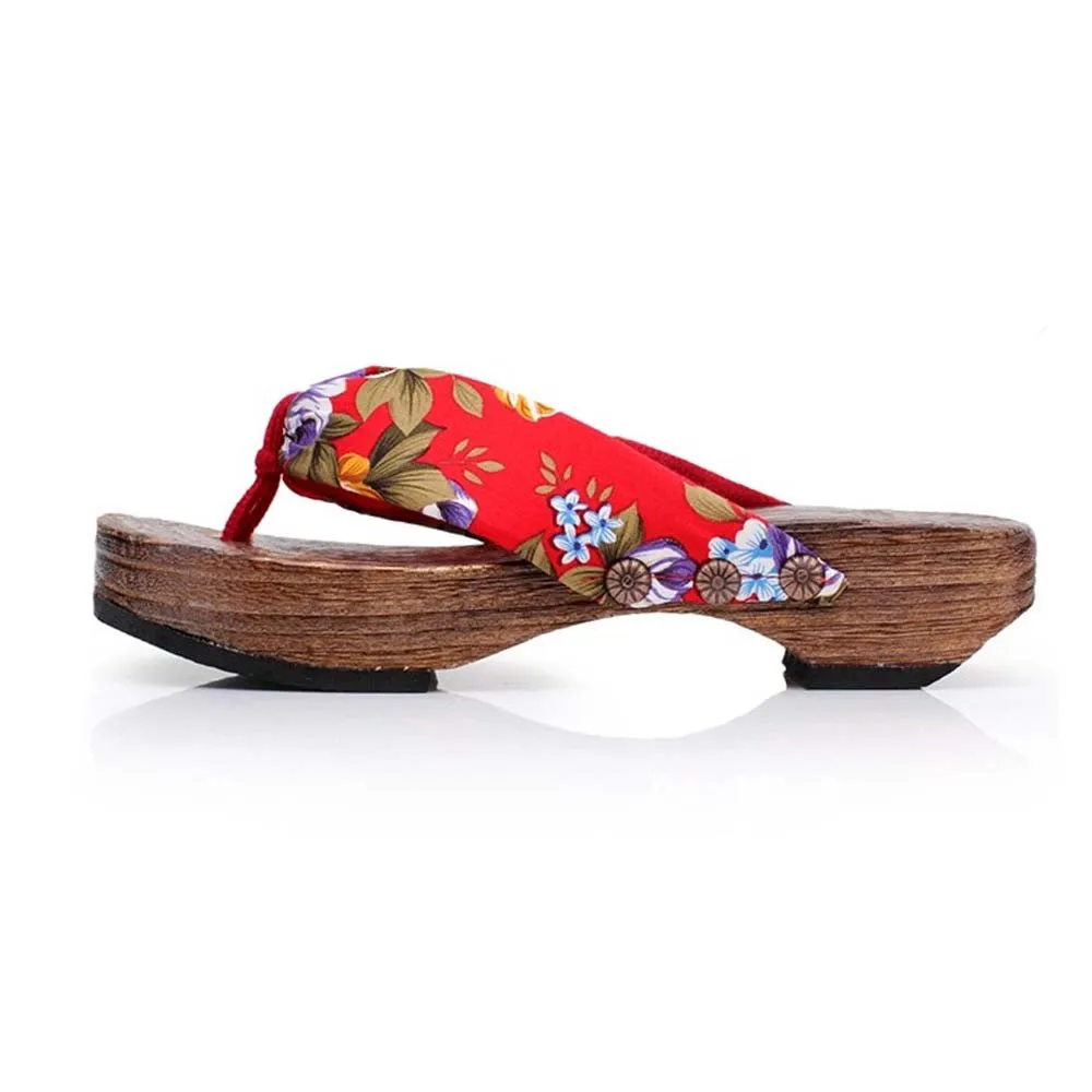 MUQGEW/Женская обувь на платформе; Летняя обувь на платформе с цветочным принтом в японском стиле; женские босоножки на деревянной подошве; Шлепанцы из дерева; вьетнамки