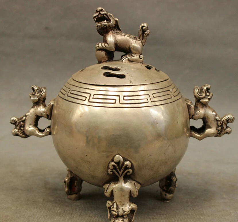 

song voge gem S4725 Folk Tibet Silver Animals Lion Head Statue Brass PiXiu Incense Burner Censer