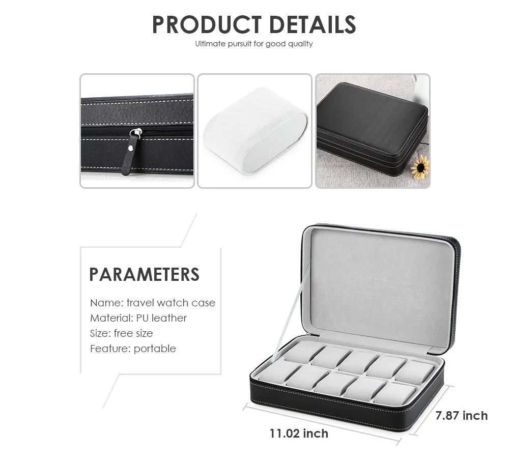 10 Grids PU Leather Travel Watch Storage Case Zipper Wristwatch Box Organizer