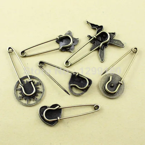 Random Mixed Alloy Antique Brass Vintage Brooch Safety Pins For Garment Accessories Scarf Clip Approx:52-68mm  2pcs