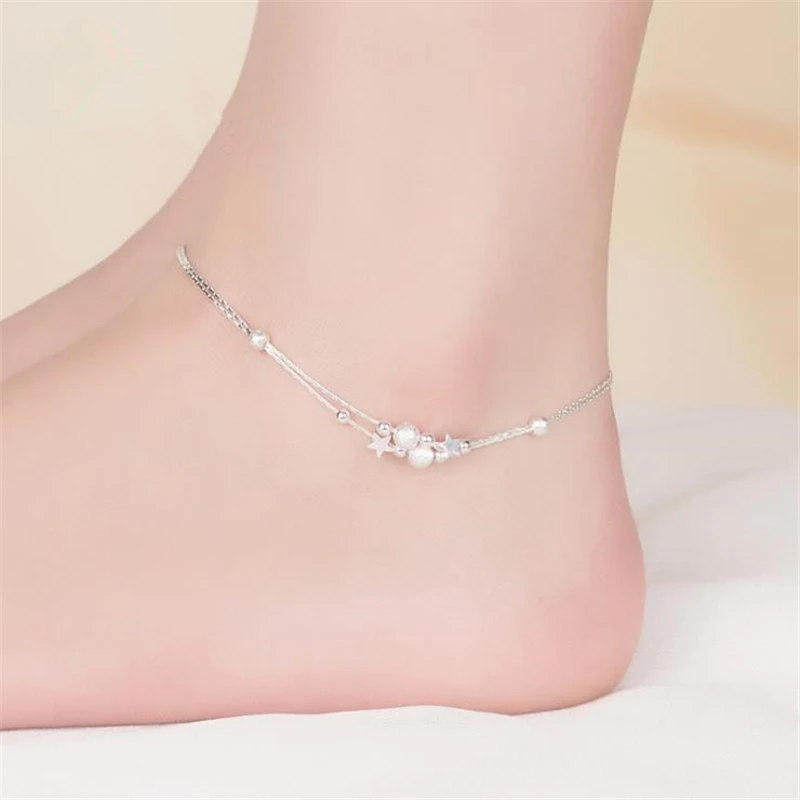 KOFSAC Fashion 925 Sterling Silver Double Chain Anklets For Women Party Star Beads Ankle Bracelets Foot Jewelry Cute Girl Gift KOFSAC Fashion 925 Sterling Silver Double Chain Anklets For Women Party Star Beads Ankle Bracelets Foot Jewelry Cute Girl Gift