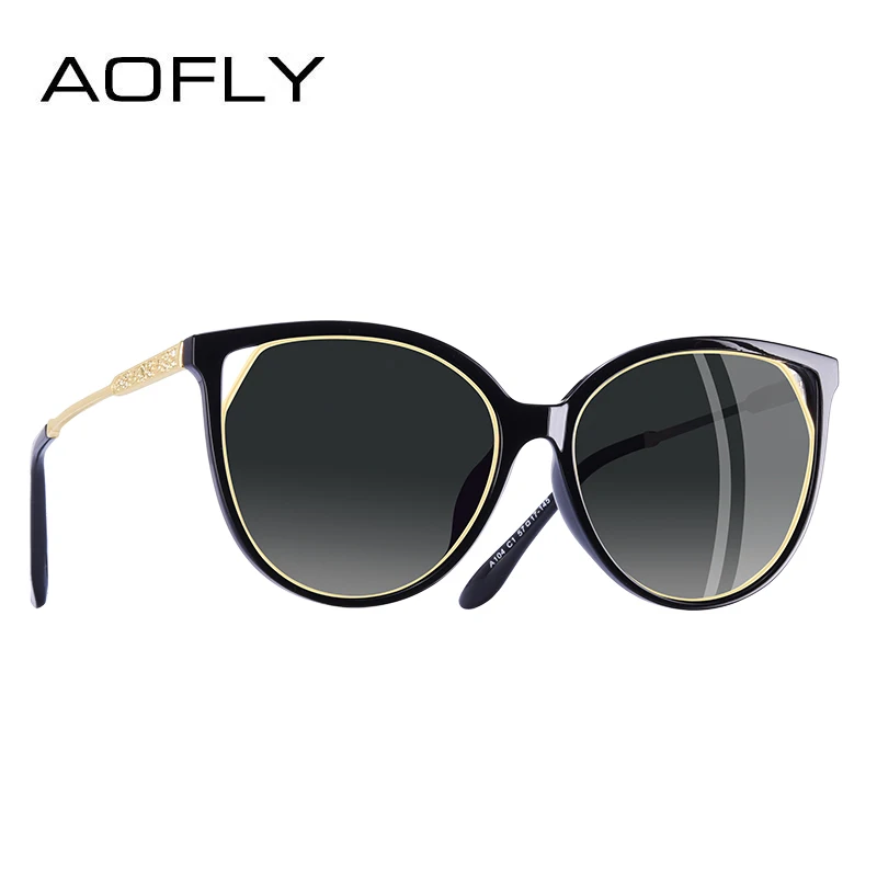 AOFLY, фирменный дизайн, кошачий глаз, солнцезащитные очки, женские, поляризационные, модные, солнцезащитные очки для женщин, стразы, дужки, очки, UV400, A104 - Цвет линз: C1Gray