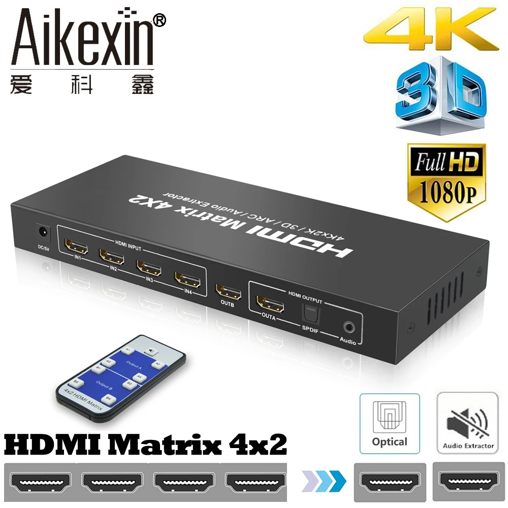 Pаспродажа Aikexin HDMI Матрицы Full HD 4 К x 2 К 3D 1080 P HDMI матричный коммутатор 4X2 сплиттер HDMI1.4 с дистанционным управлением + R L Toslink оптический аудио