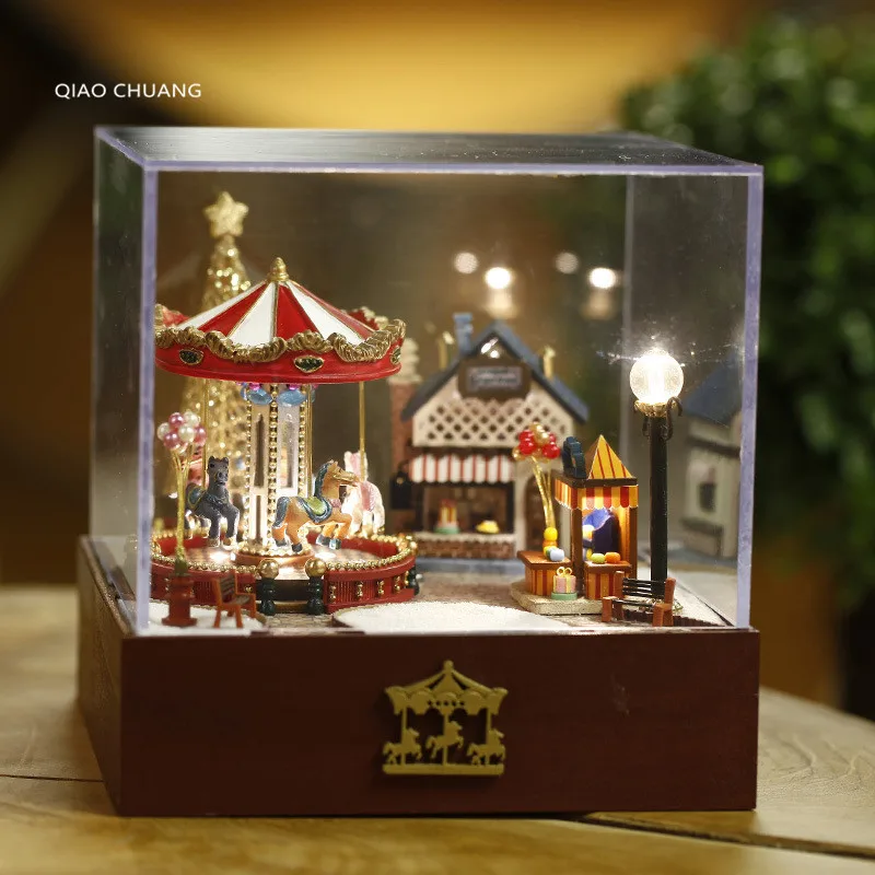 

Carousel Music Box WORKMANSHIP Production Wood House Refinement Toy Block Model Creative Diy Bricolage Boxed Birthday Gift L458