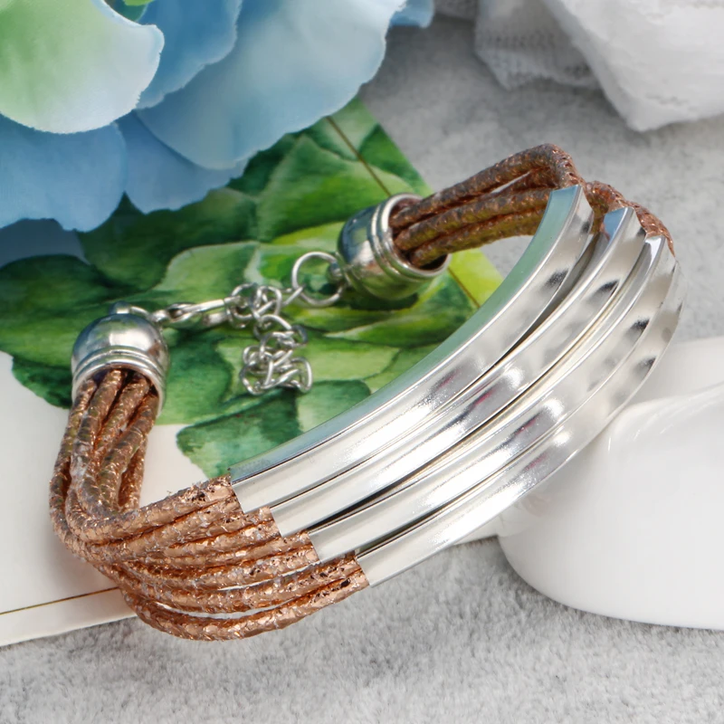 Многослойный кожаный браслет для женщин, Винтажный серебряный браслет для женщин, модный DIY браслет, массивное ювелирное изделие