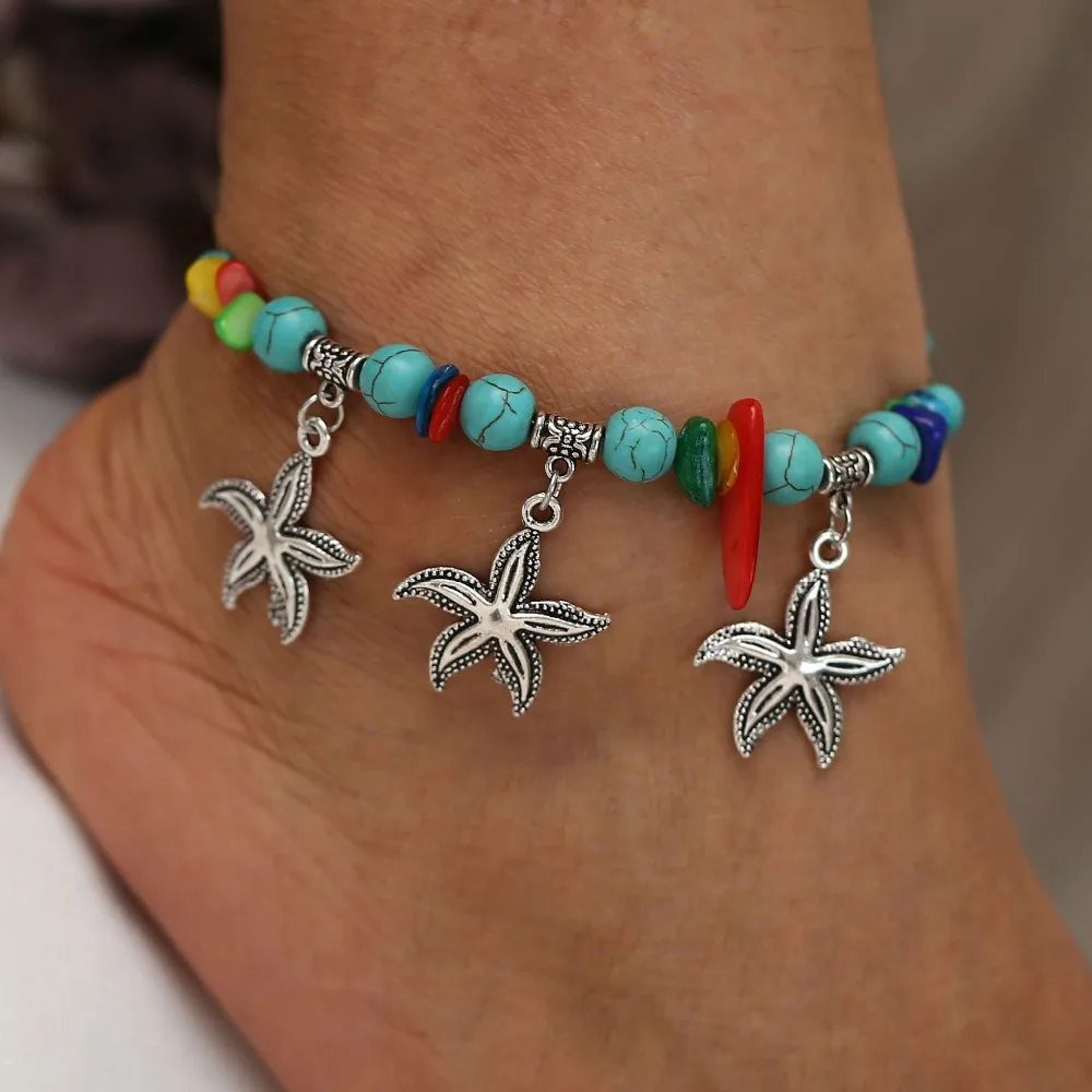 

Boho Starfishs Beads Stone Anklets For Women Vintage Boho Shell Chain on Leg Beach Ankle Anklet Bracelet Beach Jewelry Gift