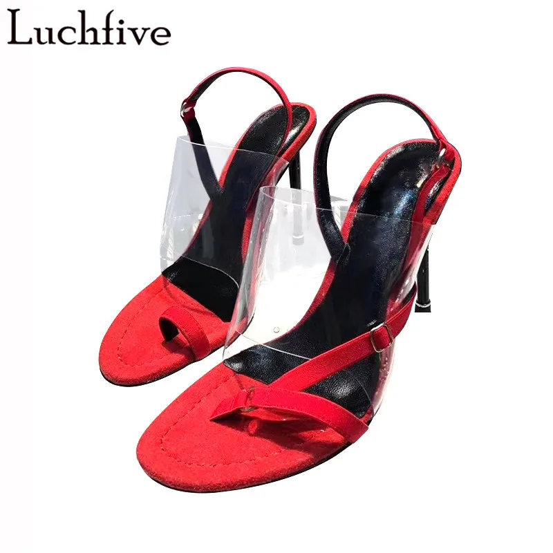 

Split Toe PVC Clear Sandals Women Thin High Heels Gladiator Ladies Shoes Red Ankle Wrap Transparent Summer Sapato Feminino