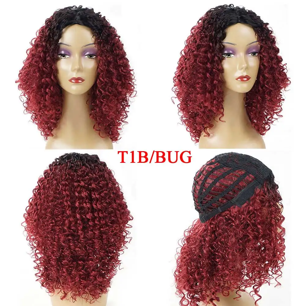 Шелковистые пряди афро кудрявый парик синтетические волосы Омбре черный коричневый красный бордовый короткие парики для женщин Термостойкое волокно - Цвет: T1B/бордовый