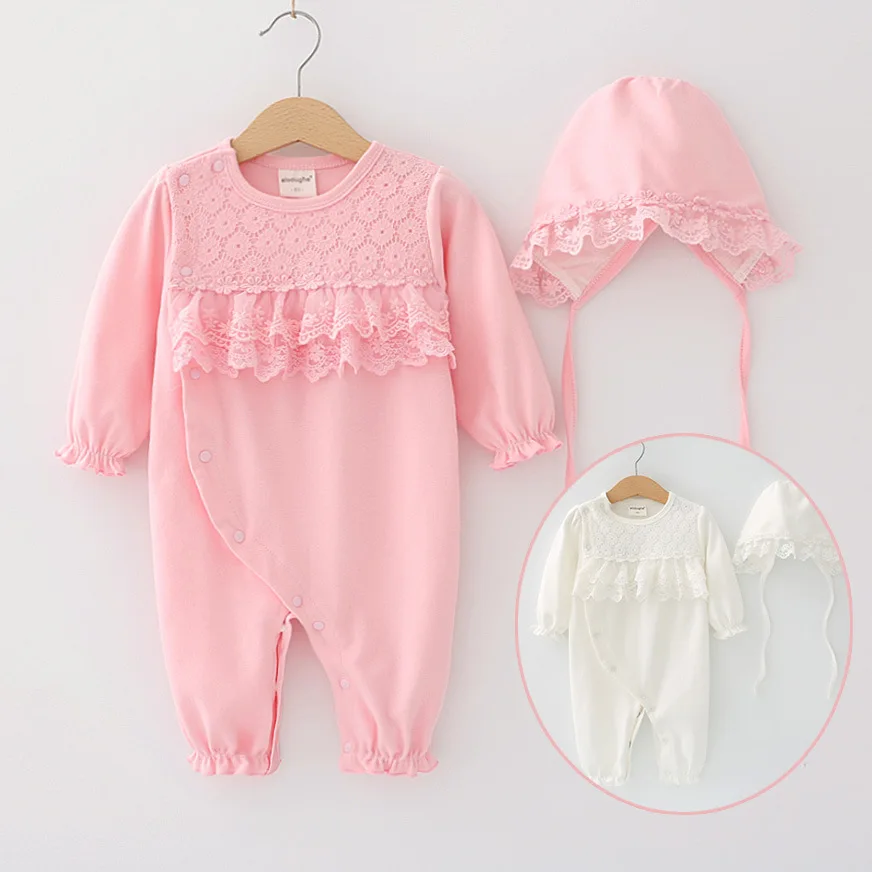 Newborn Baby Girl Clothes Set Rompers + Hats Lace Princess Jumpsuit