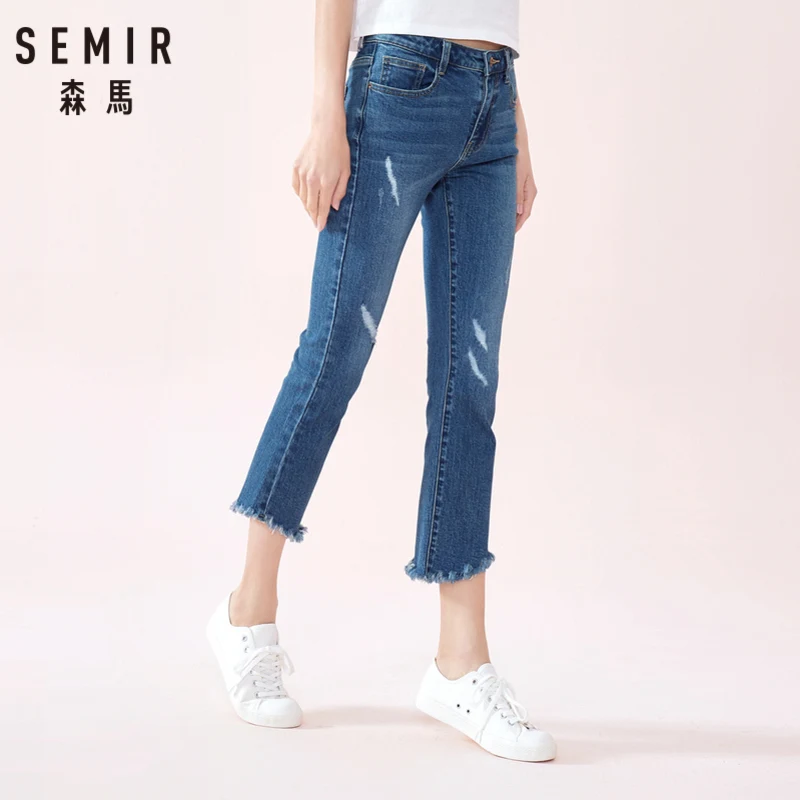 SEMIR женские Мини джинсы с завышенной талией необработанными краями облегающие