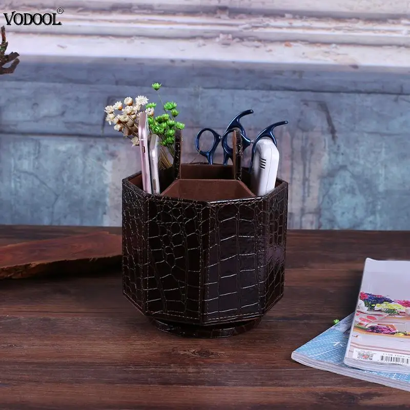 

360 Degree Rotating Remote Control Storage Box Leather Office Desk Organizer Round Holder Rotary Pen Storage (Crocodile Print)