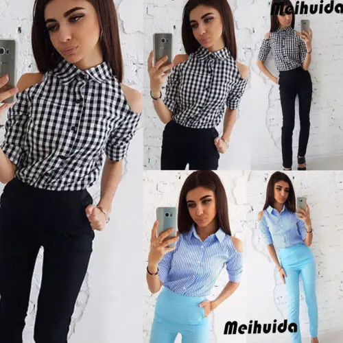

2018 New Fashion Women's Checkered Plaid Blouse Cold Shoulder Tops Long Sleeve Shirt Slim Blouse