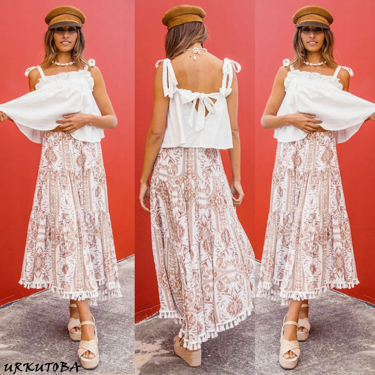 BOHO для женщин Ретро Gypsy длиной макси полный пляжная юбка для лета Защита от солнца пляж ленточки повседневное плиссированные юбка с принтом