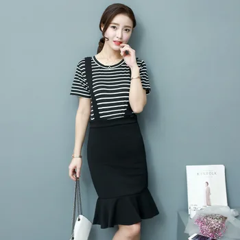 

Sexy Women 2 Pieces Set Round Neck Striped Short Sleeve Top + Strap Fishtail Bag Hip Black Skirt 2018 Autumn Fashion Ladies Sets