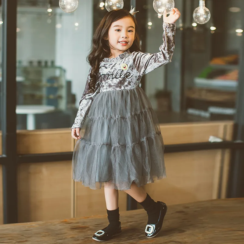 

2017 Autumn Pleuche Velvet Girls Princess Dresses Lace Tulle Maxi Dress Long Sleeve For Wedding Party Christmas Kids Clothes