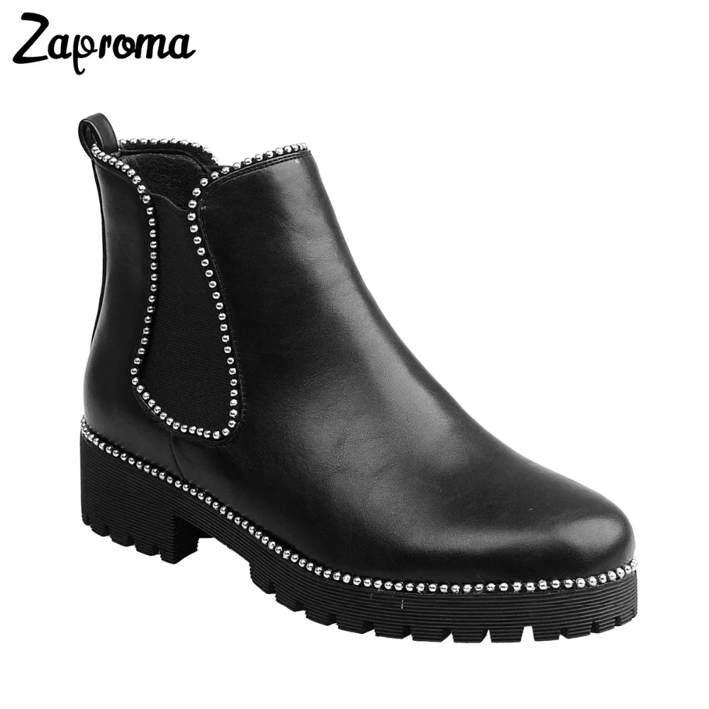 

British Style Designer Slip On Black Platforms Bead Spring Fall Shoes 2019 White Low Heel Ankle Elastic Chelsea Boots Women