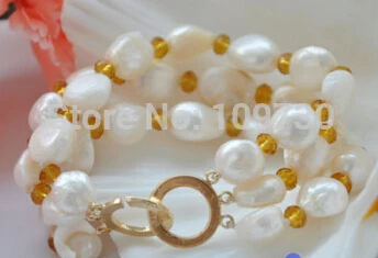 

hot sell HOT 3row 8" 13mm white baroque freshwater cultured pearl Citrine bracelet