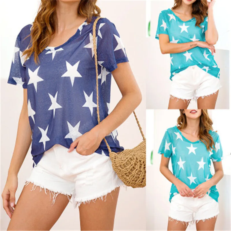 

European and American women's new cool perspective casual T-shirt summer explosion models five-pointed star print T-shirt