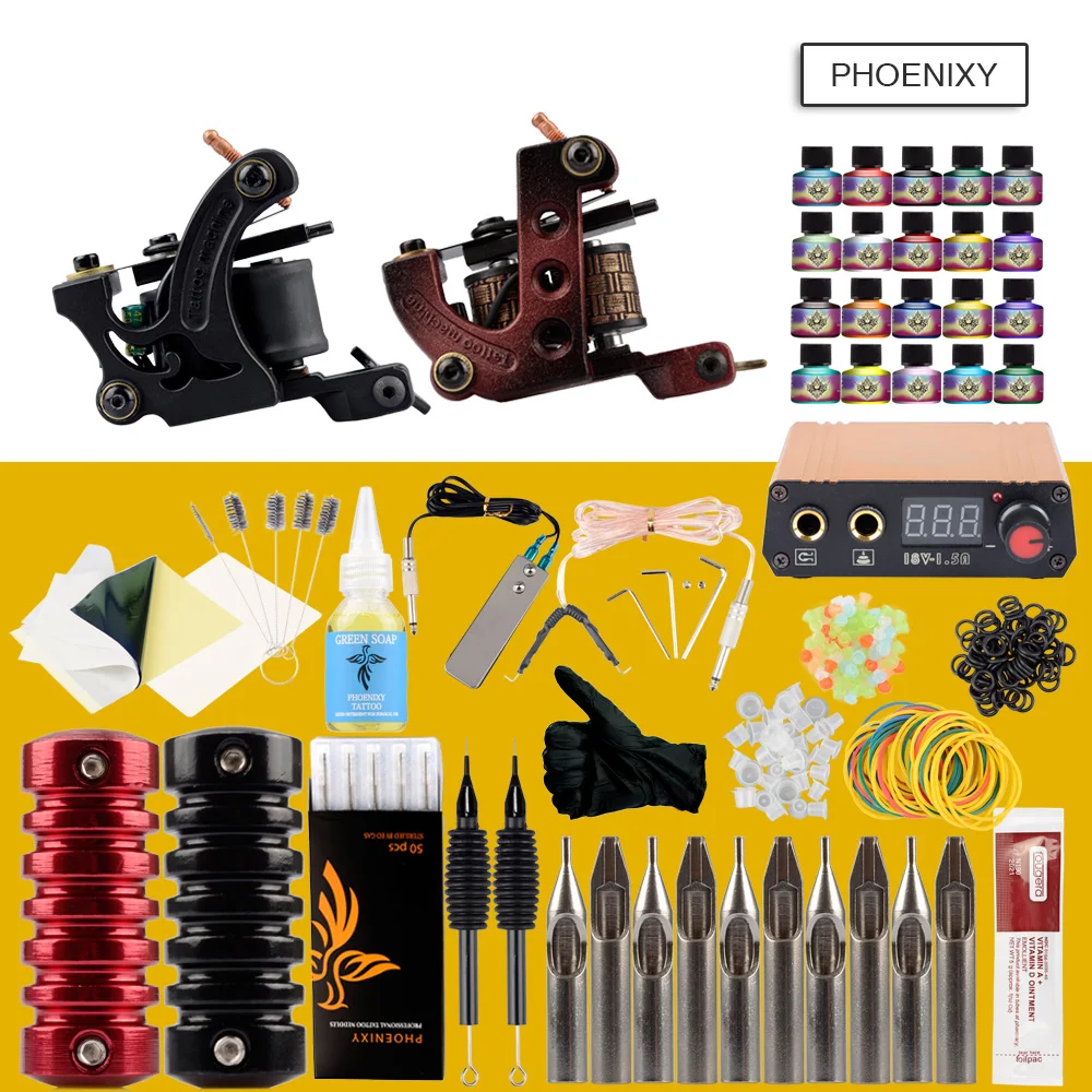 

Complete Tattoo Machine Kit Set 2 Coils Guns 10 Colors Black Pigment Sets Power Tattoo Beginner Grips Kits Permanent Makeup