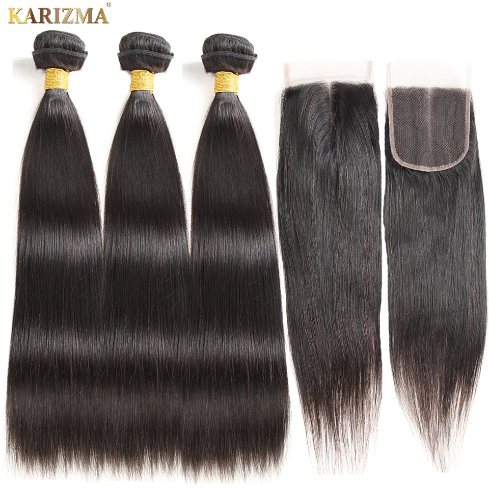 Karizma Straight Hair 3 Bundles With Closure Middle Part Brazilian Hair Weave Bundles With Closure Human Hair Extension Non Remy