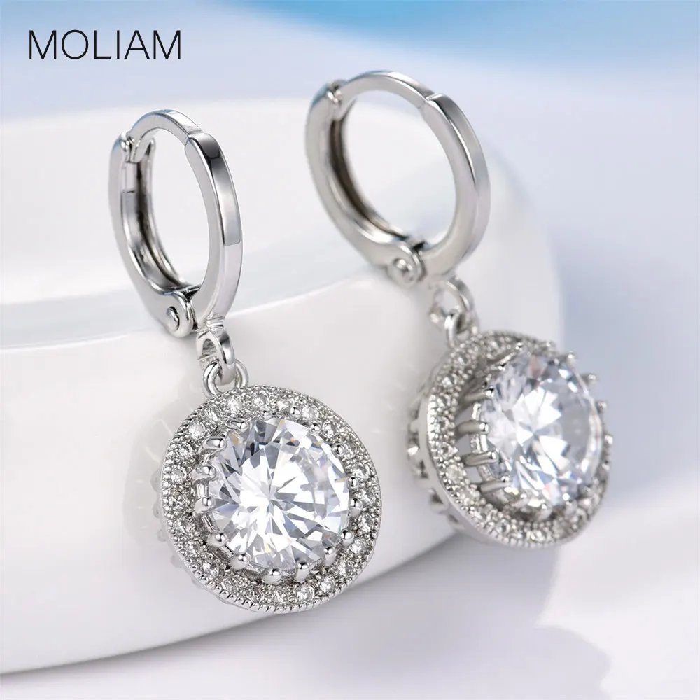 

MOLIAM Luxury Noble Dangle Earrings Silver Color Shining CZ Crystal Round Brincos Drop Earring for Women Wedding Jewelry MLE040
